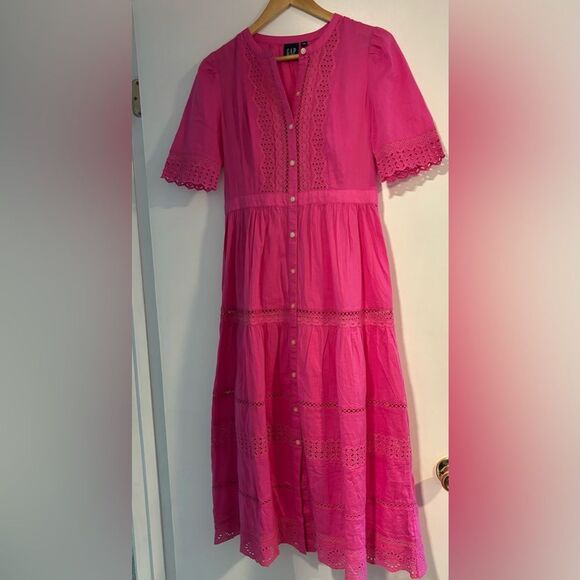 Gap Lace Button Front Midi Dress Fuchsia Pink Cotton Size XS NWOT - Picture 2 of 8